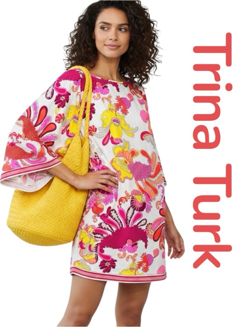Trina Turk Caprice Swim Cover Up Tunic Dress Resort Dolman Sleeves Colorful Sz S